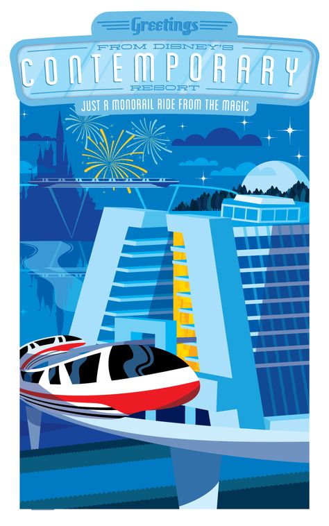 Disney's Contemporary Resort at Walt Diseny World perfect as a filler card for Project Life or Pocket scrapooking. Print it out, use digitally, or download to your phone to use in the Project Life app. See more info: http://capturingmagic.me/DisneyProjectLife Vintage Disney Posters, Disney Contemporary Resort, Disney Vacation Planner, Disney World Hotels, Disney Attractions, Contemporary Resort, Retro Disney, Disney Hotels, Disney Posters