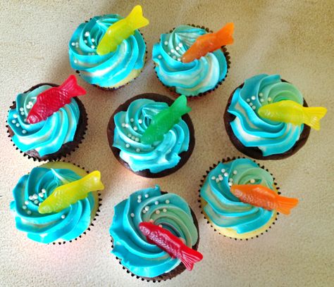 Adoption Cupcakes, Fish Themed Cake, Birthday Party Beach Theme, Zoomerang Vbs, Fish Cupcakes, Ocean Cupcakes, Swedish Fish Candy, Fishing Themed Birthday Party, Fishing Cupcakes