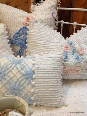 Pillows From Chenille Bedspread, Chenille Projects, Repurposed Linens, Diy Shabby Chic Furniture, Chenille Quilt, Chenille Crafts, Pillows Blue, Chenille Blanket, Shabby Chic Pillows