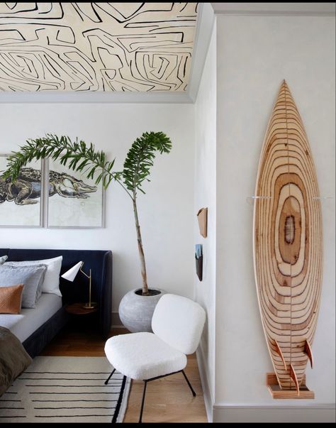 Zen Corner, Traditional Meets Modern, Bold Bedroom, Coastal Vacation, Wooden Surfboard, Phillip Island, Focal Wall, Surf House, Arm Floor Lamp