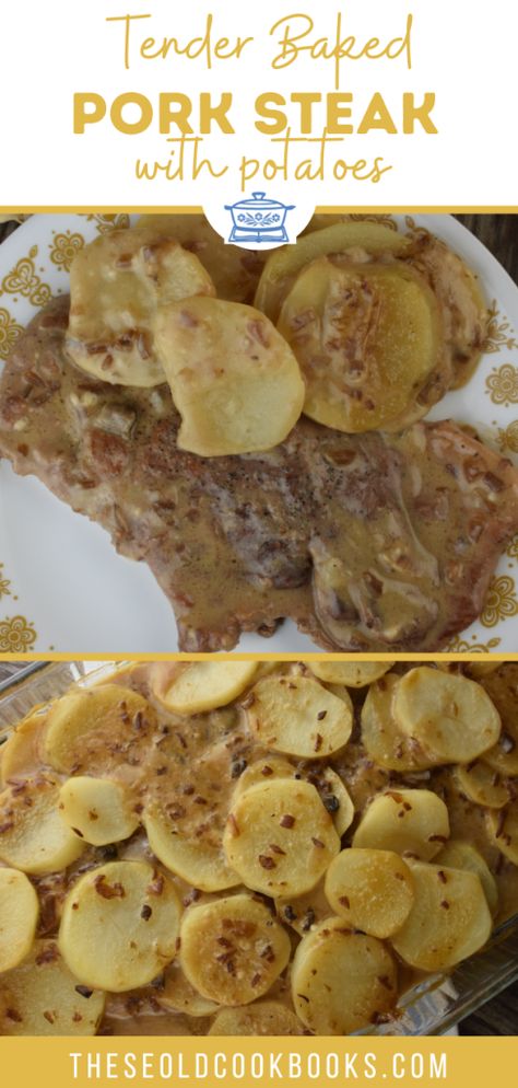 Pork Steak Casserole Recipes, Pork Steak And Potatoes Recipes, Pork Potatoes Recipe, Smothered Pork Chops With Potatoes, Cubed Pork Steaks Recipes, Pork Steak Meals Dinners, Smothered Pork Chops And Potatoes In Oven, Pork Chop Steaks Recipes, Smothered Pork Steak Recipes Oven