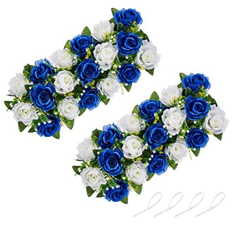 NUPTIO Artificial Flower Centerpieces for Tables - 2 Pcs Royal Blue Flowers 19.6in Long Fake Roses Arrangements - Silk Faux Floral Arrangement for Wedding Party Dining Table Centerpiece Decorations Wedding Dining Table Decor, Roses Arrangements, Wedding Dining Table, Artificial Flower Centerpieces, Blue Table Settings, Fake Roses, Flower Panel, Centerpieces For Tables, Flowers Centerpieces