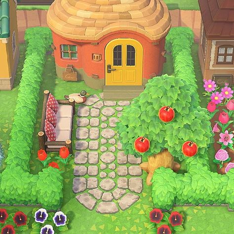 Animal Crossing House Yard Ideas, Garden Ideas Animal Crossing New Horizon, Backyard Ideas Animal Crossing, Villager Yard Ideas Acnh, Acnh Small Yard Ideas, Animal Crossing Front Yard Ideas, Animal Crossing Yard, Easy Animal Crossing Ideas, Animal Crossing Easy Ideas