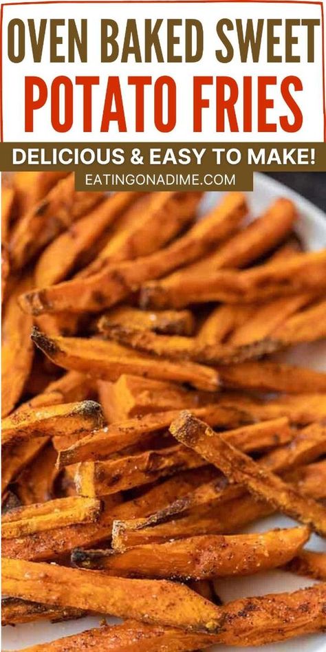 This simple Oven Baked Sweet Potato Fries Recipe is one of my favorites. It is delicious, much healthier than traditional fries and they are fun to make with the kids. Give these a try! #eatingonadime #ovenbakedsweetpotatofries #sweetpotatoes Potato Fries Oven, Sweet Potato Fries Oven, Oven Roasted Sweet Potato Fries, Healthy Sweet Potato Fries, Roasted Sweet Potato Fries, Easy Sweet Potato Fries, Oven Baked Sweet Potato Fries, Fries Oven, Fries Recipe Oven