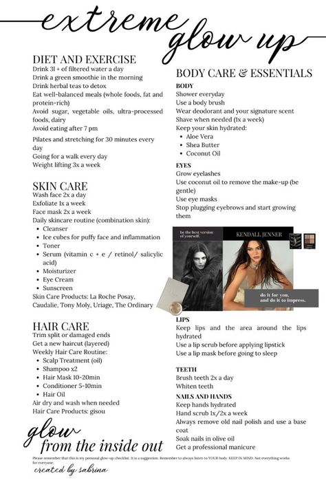 #affiliate Extreme Glow Up Checklist x Kendall Jenner | Diet Exercise Skin and Hair Care Body Care Essentials nel 2024 Kendall Jenner Exercise Routine, How To Be Kendall Jenner, Beauty Glow Up Checklist, How To Change Your Aesthetic, Extreme Glow Up, Kendall Jenner Skincare, Body Glow Up, That Girl Routine, Model Routine