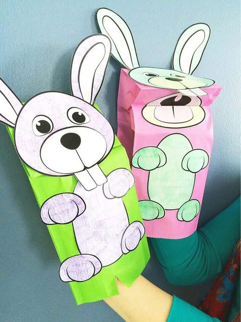 Paper bag puppets. Paper Bag Rabbit, Paper Bag Easter Bunny, Paper Bag Bunny, Bunny Puppet, Rabbit Puppet, Easter Games For Kids, Bunny Templates, Paper Bag Puppets, Super Teacher