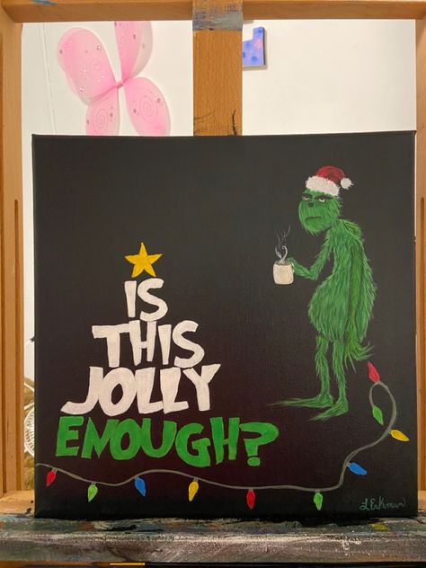 Christmas Canvas Art Cricut, Diy Canvas Art Painting Christmas, Small Canvas Christmas Ideas, Grinch Christmas Painting Canvases, Easy Christmas Painting On Canvas, Grinch Canvas Painting Diy, Christmas Cartoon Paintings, Aesthetic Christmas Paintings On Canvas, Family Christmas Paintings On Canvas