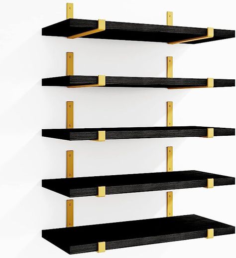 Home Decor Laundry Room, Hanging Shelf Brackets, Laundry Room Office, Black Wall Shelves, Shelves For Bedroom, Gold Shelves, Floating Bookshelf, Wall Storage Shelves, Black Floating Shelves