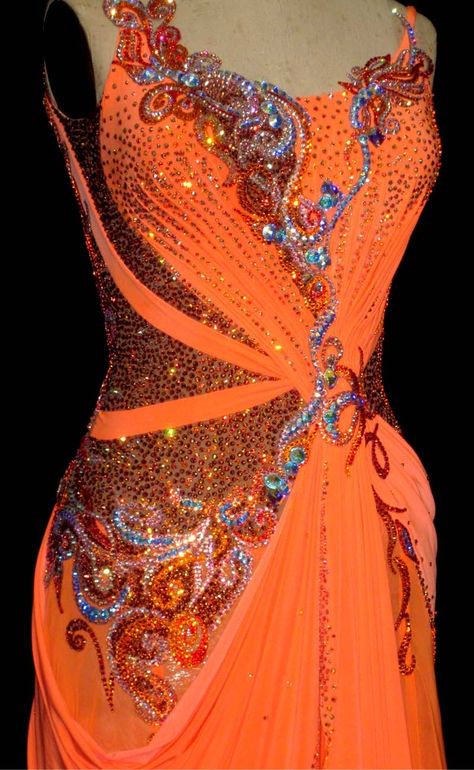 Orange Latin Ball Gown with beading. Bathroom Dark Blue, Dancesport Costume, Bathroom Dark, Dancesport Dresses, Dance Ballroom, Dance Competition Dress, Ballroom Gowns, Custom Dance Costumes, Latin Ballroom Dresses