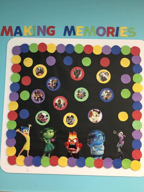 Memory Wall Classroom, Inside Out Theme Bulletin Board, Classroom Door Ideas Inside Out, Character Classroom Theme, Memory Bulletin Board, Disney Birthday Bulletin Board Ideas, Pixar Bulletin Board Ideas, Cartoon Classroom Theme, Disney Bulletin Board Ideas Preschool