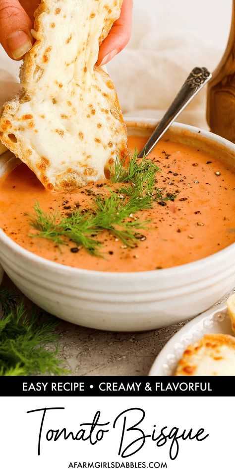 This homemade Tomato Bisque recipe turns classic tomato soup into something extra special. It's beautifully creamy, with fresh herbs and lots of tomato goodness. Grab some cheesy bread or your favorite grilled cheese for the ultimate comfort food meal! Tomato Bisque Recipe, Tomato Bisque Soup, Bisque Soup Recipes, Cozy Soups, Bread Bowl Recipe, Homemade Tomato Soup, Bisque Soup, Cream Of Tomato Soup, Fresh Tomato Recipes