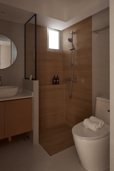 Wood bathroom / shower Hdb Toilet, Hdb Bathroom, Common Bathroom, Kitchen Window Design, Singapore Interior Design, Singapore Interior, Small Bathroom Interior, Washroom Decor, Interior Design Singapore