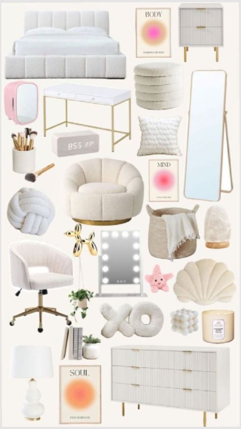 Room stuff idea 🧴🧺🤍 Desk Chair, Desk, Collage, Bedroom, Bed, Pink, Furniture, White