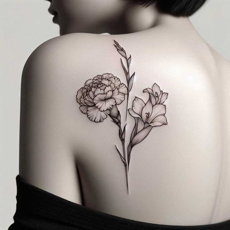 Carnation And Gladiolus Tattoo, Flower For January, Emotions Through Art, Flower Gladiolus, Love Is Like A Butterfly, January Flower, Gladiolus Tattoo, Partner Tattoos, January Birth Flower