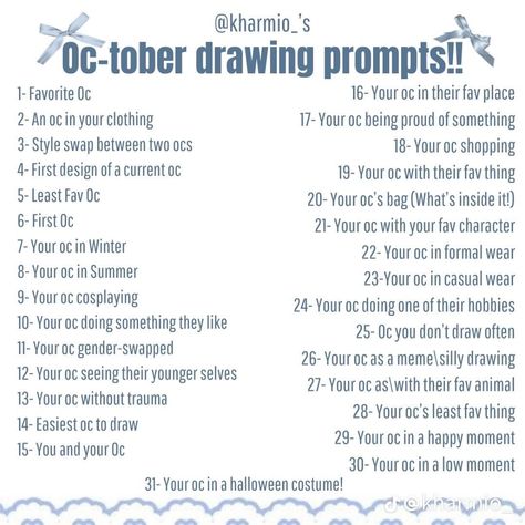 we are making an attempt!!!$!!!!!! Tober Prompts, Oc Drawing Prompts, Oc Tober, Inktober Prompts, 30 Day Art Challenge, Art Journal Challenge, The O.c., Oc Challenge, Daily Writing Prompts