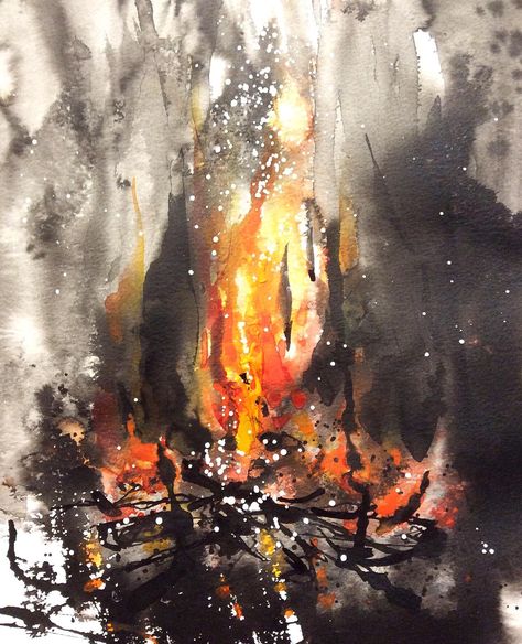 Fire Ink Drawing, Tree On Fire Drawing, Fire Watercolor, Watercolour Fire, Paintings Of Fire, Fire Drawing, Fire Painting, Nature Art Drawings, Fire Art