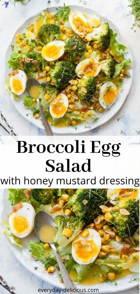 Egg, broccoli and sweet corn are the perfect combination. Slightly runny egg yolk, crunchy broccoli, lettuce, and sweet corn are tossed with creamy honey-mustard dressing and sprinkled with crunchy toasted flaked almonds and peppery garden cress. This broccoli egg salad is seriously addicting! Broccoli And Egg Salad, Broccoli Egg Salad, Broccoli And Egg Recipes, Broccoli And Corn Recipes, Honey Mustard Broccoli, Broccoli Eggs, Egg Broccoli, Crunchy Broccoli, Salad With Corn