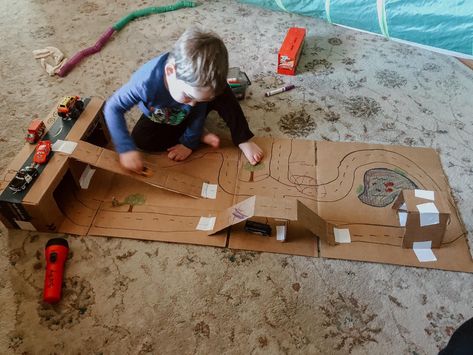 Monster Truck Obstacle Course, Cardboard Monster Truck Track, Transport Activities, Monster Truck Race Track Diy, Truck Ramps, Monster Truck Race Track, Diy Sensory, Toy Monster Truck Track, Truck Diy