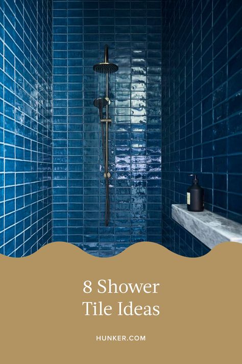 Blue Shower Room Ideas, Small Bathroom Ideas Blue Tile, Navy Shower Tile Ideas, Shower Bath Tile Ideas, Blue Tiled Shower Ideas, Blue Bathroom Tile Ideas Shower Walls, Bold Shower Tile Ideas, Blue Tile Bathrooms, Blue Tiles Bathroom