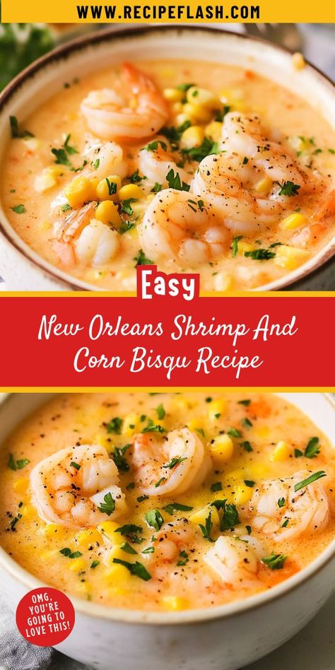 Warm up with a bowl of New Orleans Shrimp and Corn Bisque! This hearty soup combines succulent shrimp and fresh corn in a velvety base, delivering Southern comfort in every spoonful. Perfect for chilly evenings or gatherings, this bisque will impress friends and family alike! Shrimp And Corn Soup Crockpot, Shrimp Crab And Corn Bisque, Easy Shrimp Bisque Recipe, Cajun Shrimp And Corn Soup Louisiana, Crab And Corn Bisque New Orleans, Shrimp Corn Soup, Cajun Shrimp Soup, Shrimp Posole, Shrimp And Corn Soup Louisiana