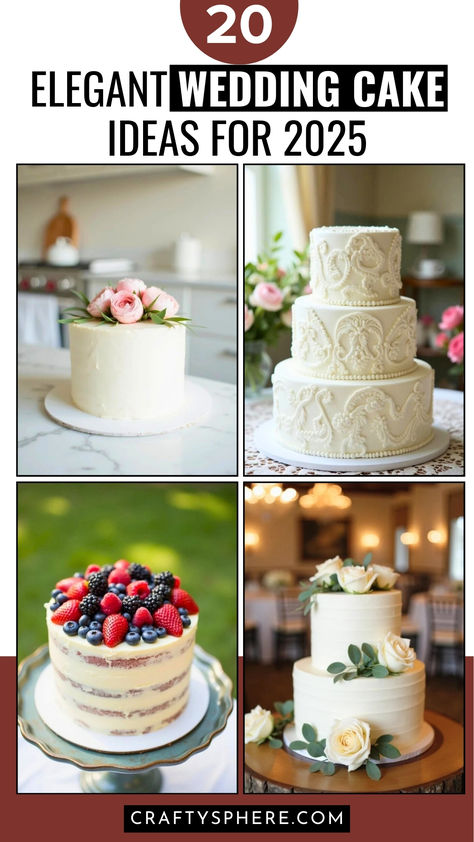 20 Elegant and Simple Wedding Cake Ideas for 2025 to Make Your Big Day Extra Special. Perfect inspiration for timeless and classy designs! Silver Wedding Anniversary Cake Ideas, Modern Small Wedding Cake, Fun Wedding Cake Designs, Wedding Cake Flavor Cake, Wedding Cakes Vintage Elegant, Wedding Cake Trends 2025, 2025 Wedding Cake Trends, Reception Cake Designs, Rustic Elegant Wedding Cake