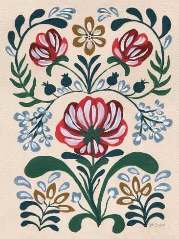 size: 12x9in Art Print: Folksy Floral II by Yvette St. Amant : Scandinavian Flower Art, Folk Art Painted Furniture, Scandinavian Folk Art Swedish Style, Swedish Painting, Xmas Paintings, Folk Art Kitchen, Flower Folk Art, Folk Art Wallpaper, Desert Candle