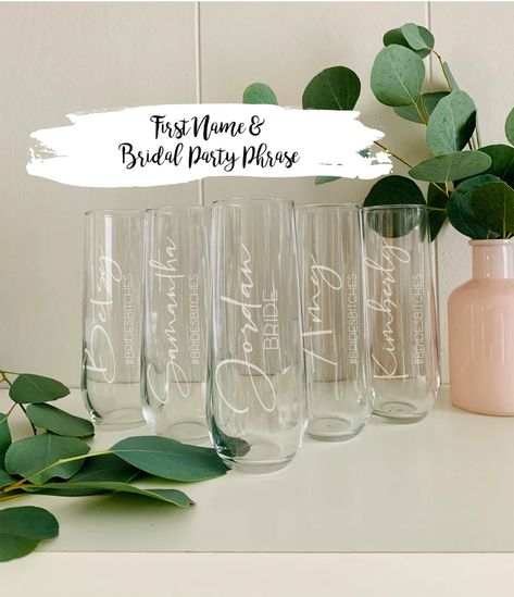 Bridal Party Champagne, Bridesmaid Champagne Glasses, Custom Champagne Glasses, Party Champagne, Stemless Champagne Flutes, Champagne Bridesmaid, Champagne Party, Engaged Couple, Newly Engaged Couple