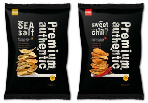 Packaging of the World: Creative Package Design Archive and Gallery: HEMA Salty Snacks Sausages Packaging, Chip Packaging, Potato Stamp, Packaging Snack, Packaged Snacks, Black Packaging, Salty Snacks, Premium Packaging, Snack Chips