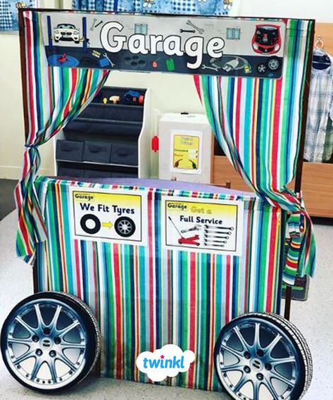 Create a mechanics garage in your classroom! Visit the Twinkl website to download our ready-made garage role play pack to decorate your area! #roleplay #garage #mechanics #classroomideas #classroominspiration #teaching #teachingresources #twinkl #twinklresources #eyfs #eyfsideas #eyfsteacher #education Mechanics Garage, Eyfs Outdoor, Eyfs Outdoor Area, Cardboard Houses, Role Play Areas, Play Pretend, Mechanic Garage, Cardboard House, Play Based