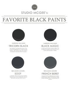 Sherwin Williams Tricorn Black (Saturated black paint color great for front door). Sherwin Williams Black Magic (Soft black, great for interior doors and window trim). Benjamin Moore Soot (Grey Black, great for cabinets and walls). Benjamin Moore French Beret (Black with blue gray undertone). Via Studio McGee. Interior Paint Colors Schemes, Black Paint Color, Black Interior Doors, Inside Doors, William Black, Black Front Doors, New Interior Design, Front Door Colors, Interior Paint Colors