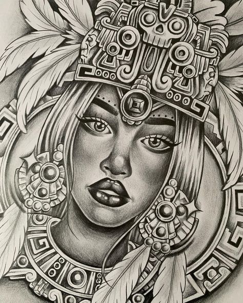 Aztec Princess Drawing, Aztec Headdress Tattoo, Aztec Princess Tattoo Goddesses, Azteca Tattoo Mexican, Aztec Goddess Tattoo, Aztec Princess Tattoo, Aztec Princess, Aztec Goddess, Aztec Warrior Tattoo