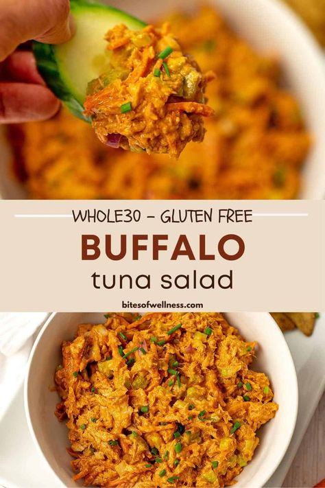 Buffalo Tuna Salad is easy to make, super flavorful and the perfect healthy lunch or dinner! Serve this spicy tuna salad with crackers, veggies, on bread or in a wrap for a filling meal that is made with simple ingredients anytime! This buffalo tuna salad is bold, creamy, spicy and budget friendly! The recipe is gluten free, dairy free, paleo, Whole30 and low carb friendly! Tuna Salad Spicy, Chunk Tuna Recipes, Tuna Recipes Gluten Free, Buffalo Tuna Salad Recipe, Tuna Fish Wrap, Best Canned Tuna Recipes, Tuna On Crackers, Tuna Filling Recipes, Buffalo Tuna Recipe