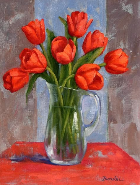 Oil Flower Painting, Tulips Oil Painting, Garden Tulips, Tulip Art, Diy Canvas Art Easy, Bouquet Art, Tulip Painting, Tulips Art, Oil Painting Inspiration