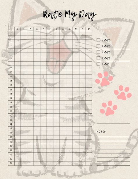 Rate My Day, Cat Tracker, Tracker Printable Free, Bullet Journal Trackers, Monthly Tracker, Journal Mood Tracker Ideas, Mood Tracker Ideas, Bullet Journal Mood Tracker, Journal Mood Tracker