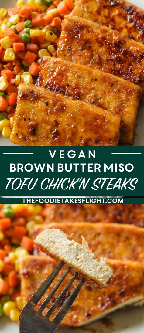 Brown Butter Miso Tofu Steaks (Vegan) Vegan Brown Butter, Miso Tofu, Tofu Steaks, Miso Recipe, Tofu Steak, Tofu Marinade, Tofu Recipes Vegan, Vegetarian Foods, Tofu Dishes