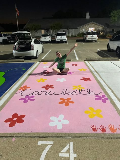 Girls Senior Parking Spot Ideas, Pink Senior Parking Spot Ideas, Senior Parking Spaces Floral, Floral Senior Parking Spot Painting, Senior Parking Spaces Flowers, Flower Senior Parking Spots, Flower Parking Spot Painting, Simple Senior Parking Spaces Ideas, Simple Parking Spot Painting