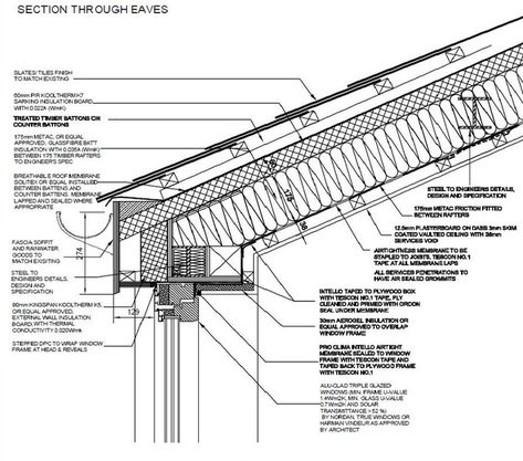 Roof Detail, mixed insulation, Perlin and Counter Perlin with Slate Roof. Steel Construction Timber Roof Detail, Steel Roof Detail, Metal Roof Detail, Roof Construction Detail, Roof Section Detail, Roof Detail Architecture, Section Detail, Construction Details Architecture, Dormer Roof