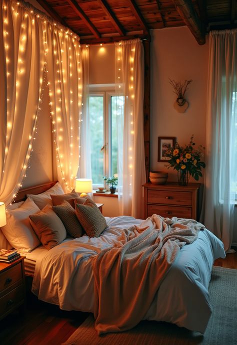 Boho Bedroom with Curtain Lights Curtain Accent Wall Bedroom, Twinkle Light Curtain Bedroom, Bedroom Fairy Lights Ideas, Bedroom With String Lights, Warm Earthy Bedroom, Curtain Lights Bedroom, Light Curtains Bedroom, Hanging Lights In Bedroom, Twinkle Lights Bedroom