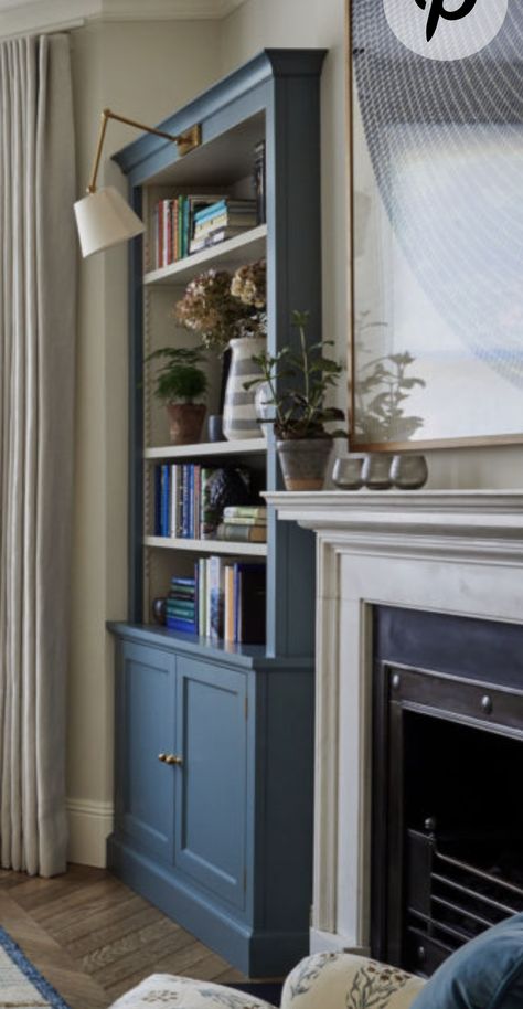 Blue Bookshelves With Wallpaper, Light Blue Bookcase, Navy Bookcase, Alcove Bar, Painted Woodwork, Blue Library, Blue Bookshelves, Alcove Ideas Living Room, European Interiors