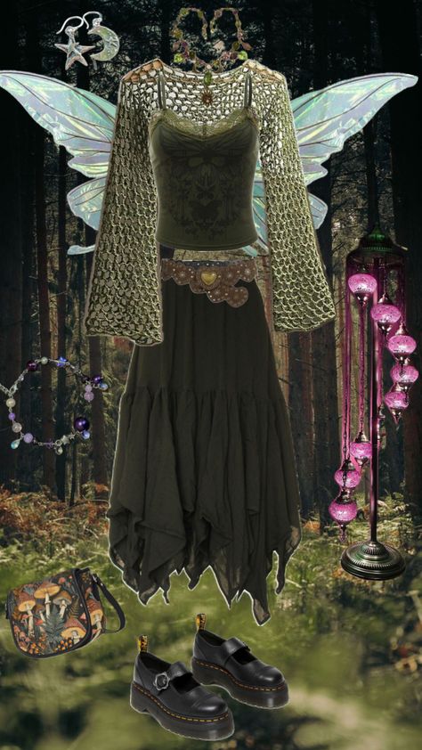 #fairycore #fairygoth #outfitinspo #nature #beauty #vibes Dark Fairy Clothes, Renfaire Outfit Dark Fairy, Dark Faerie Aesthetic Clothes, Forest Fairy Aesthetic Clothes, Forest Fairy Top, Fairycore Aesthetic Outfits, Fairy Lore, Fairy Aesthetic Outfit, Renfaire Outfit