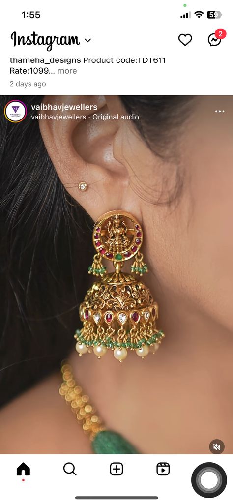 Double Layer Necklace Gold Indian, Ear Studs Indian Gold, Gold Jumkas Design Latest, Kundan Buttalu, Gold Buttalu Earrings Latest, Jumkas Antiques, Buttalu Earrings Gold, Earrings Gold Indian, Gold Jumkas