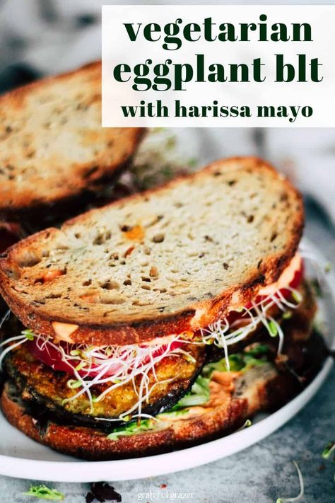 This Crispy Eggplant BLT is one of my favorite sandwiches to make for a quick and easy lunch or dinner. Harissa mayo adds a little spicy kick! This vegetarian eggplant recipe includes a vegan option (just use flax eggs and vegan mayo!). #GratefulGrazer #vegan #vegetarian #eggplantBLT #vegetarianeggplant Vegetarian Eggplant Recipes, Sandwiches Vegetarian, Flax Eggs, Crispy Eggplant, Vegan Mayo, Vegetarian Sandwich, Eggplant Parmesan, Tasty Vegetarian Recipes, Vegan Sandwich