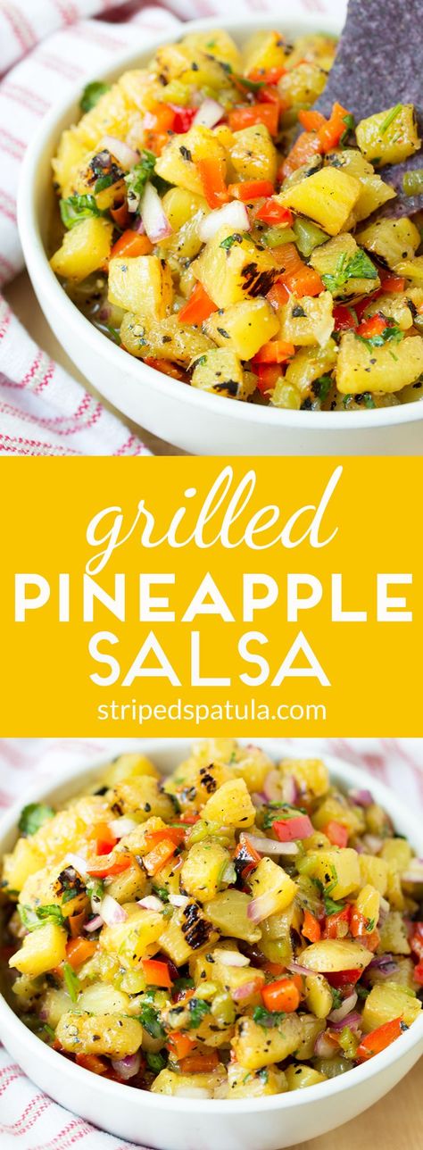 This sweet and smoky Grilled Pineapple Salsa is a fun and refreshing appetizer for summer entertaining! Grilled Pineapple Salsa Recipe, Grilled Pineapple Salsa, Pineapple Salsa Recipe, Quick Appetizer, Pineapple Salsa, Quick Appetizers, Grilled Pineapple, Summer Snacks, Salsa Recipe