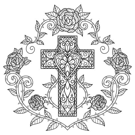 Cross and rose hand drawn for adult coloring book Rosa Vector, Rosas Vector, Rosé Hands, The Cross, Adult Coloring Books, Adult Coloring, Painting Ideas, Premium Vector, Vector Art