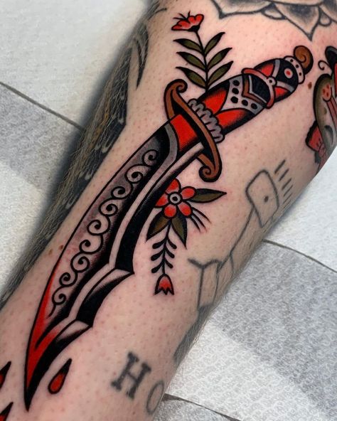 Knife Trad Tattoo, American Traditional Knife Tattoo, Knife Tattoo Traditional, Trad Dagger Tattoo, Traditional Tattoo Knife, Knife Traditional Tattoo, Old School Dagger Tattoo, Traditional Knife Tattoo, Dagger Traditional Tattoo