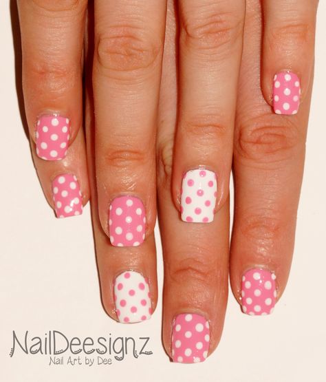 Pink & White Polka Dot Nail Art .x.  http://www.naildeesignz.blogspot.co.uk/2016/03/pink-white-polka-dot-nail-art.html Groovy Nails, Nail Art Designs 2023, Nail Art Pink, Easter Nail Art Designs, Polka Dot Nail Art, Nail Art For Kids, Easter Nail Art, Fingernail Designs, Dot Nail Art