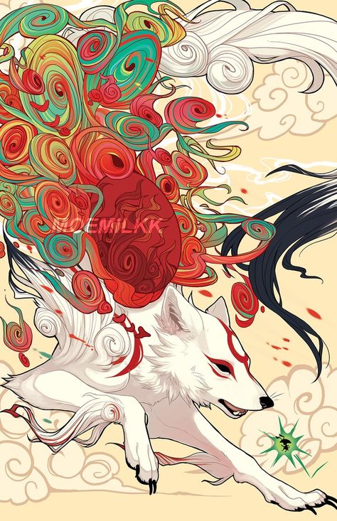 look another okami fanart by CaptainPeppiCola Inari Okami Art, Yokai Aesthetic, Japan Art Illustration, Kitsune Illustration, Japanese Creatures, Japanese Artwork, Japon Illustration, Mythical Creatures Art, Fox Art