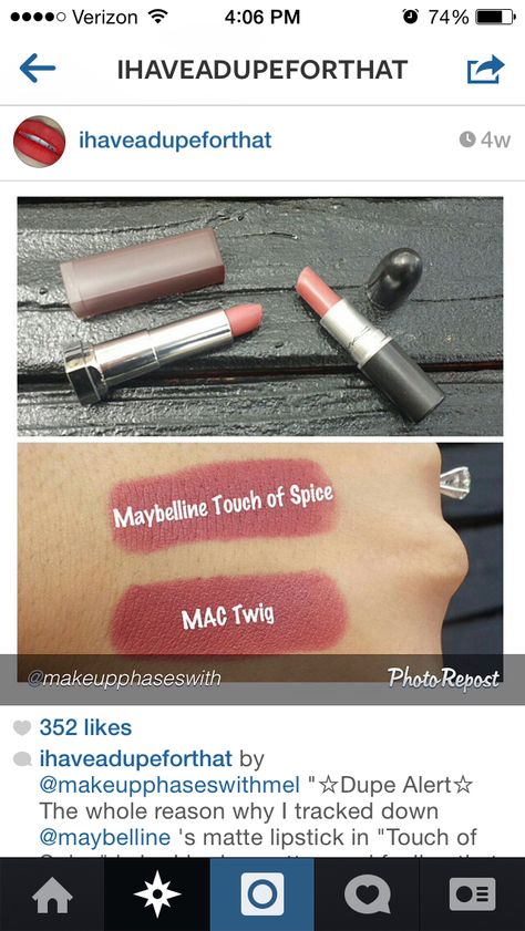 Mac Twig Vs Maybelline Touch Of Spice #MacDupe Maybelline Touch Of Spice, Velvet Teddy Mac, Lip Accessories, Mac Twig, Mac Shades, Mac Velvet Teddy, Budget Makeup, Touch Of Spice, Drugstore Lipstick