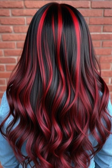 Hair Ideas Red Highlights, Cute Color Hair Ideas, Unique Hair Color Ideas For Black Hair, Red Hair On Brunette, Dyed Hair Ideas For Brunettes, Red Hair Color Ideas For Brunettes, Red Hair Ideas For Brunettes, Black And Red Hair Ideas, Hair Dye Patterns