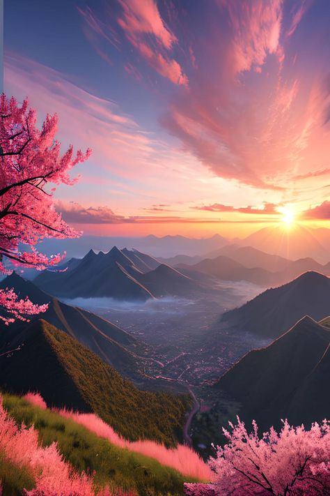 anime, landscape, mountain, sunset, pink sky, clouds, man, nature, scenery, horizon, wanderlust, travel, adventure, art, photography Beautiful Calm Scenery, Pink In Nature, Nature Aesthetic Landscape, Anime Nature Aesthetic, Mountain Sky, Aesthetic Pink Landscape, Landscape Photography Aesthetic, Anime Nature, Mountains Photography